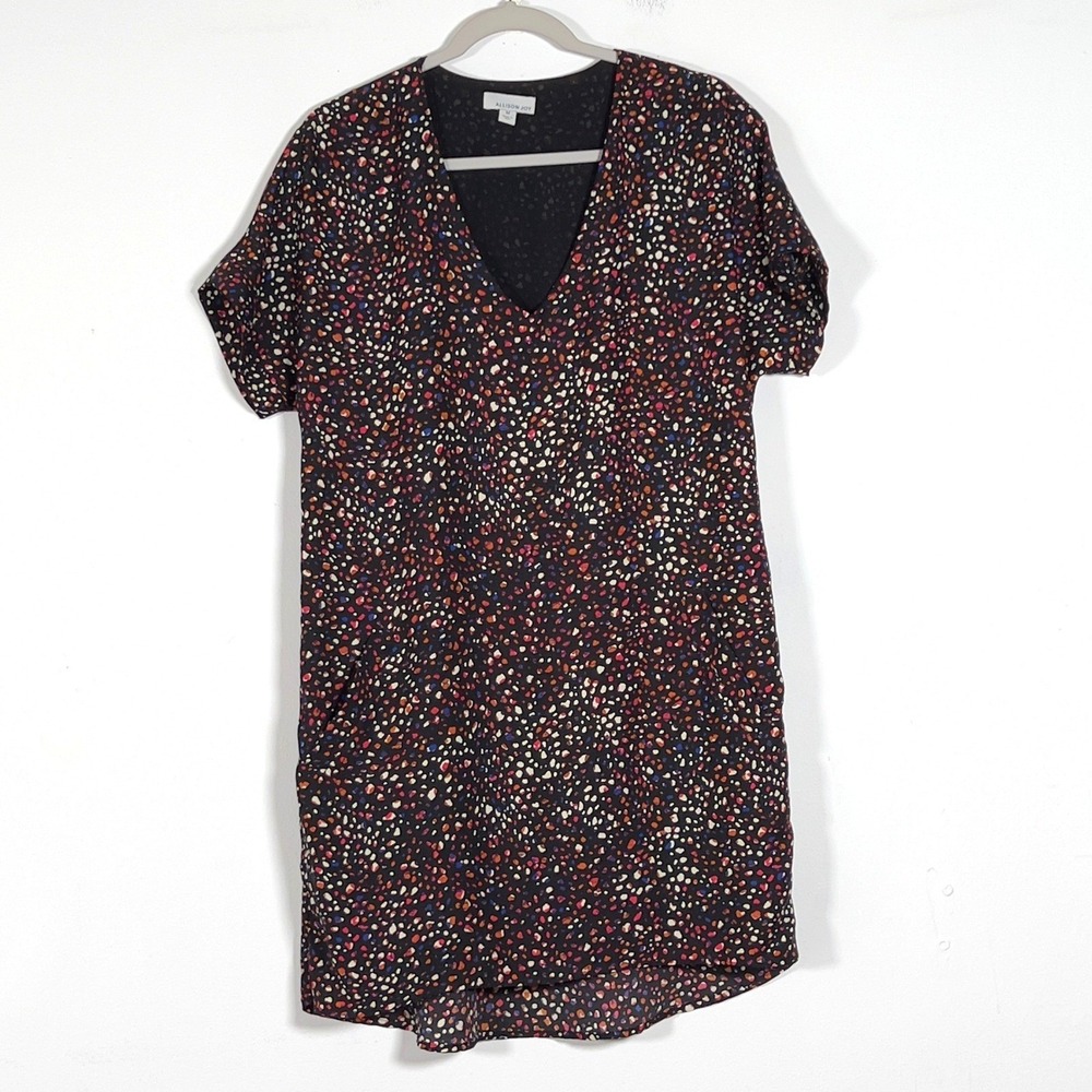Allison Joy V-Neck Shift Dress Womens Sz M Black Multi Abstract Print Pockets